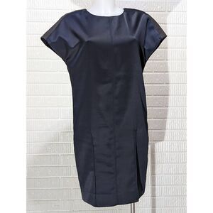 Etcetera Sheath Dress size 2 Navy Blue Satin look front and Gray knit back